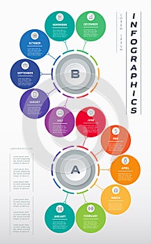 Annual business development plan, divided into 2 half-years of 6 months. Layout of the original calendar design. Vertical