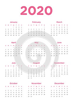 Annual calendar for 2020