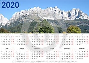 Annual calendar 2020 GER mountain landscape