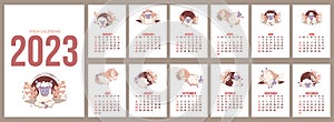 Annual Calendar 2023. Yoga Animals. set of templates for 12 months 2023 and cover with cute sheep and meditation, yoga