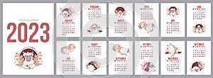 Annual Calendar 2023. Yoga Animals. set of templates for 12 months 2023 and cover with cute sheep yoga