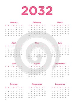 Annual calendar for 2032