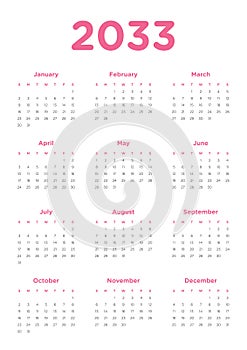 Annual calendar for 2033