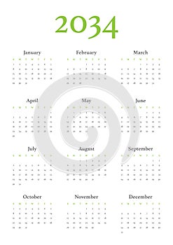 Annual calendar for 2034