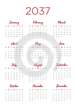 Annual calendar for 2037