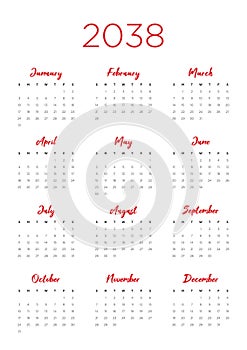 Annual calendar for 2038