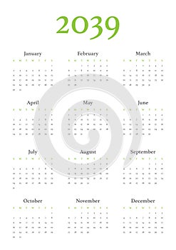 Annual calendar for 2039