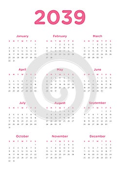 Annual calendar for 2039