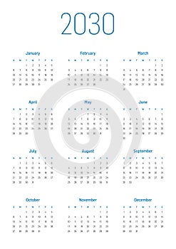 Annual calendar for 2030
