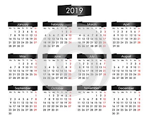 annual calendar for 2019 year with the metallic black