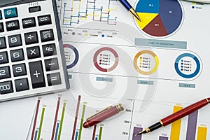 Annual financial document data charts with calculator pen on desk