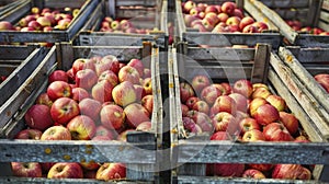 The Annual Harvesting Period Captured in Wooden Crates Laden with Ripe Apples