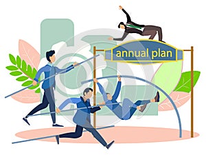 Annual plan. High jump. Office staffs run to the goal, competition. In minimalist style Cartoon flat Vector