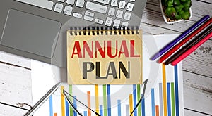 ANNUAL PLAN text in notepad with a business objects and chart and laptop