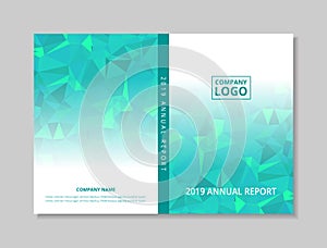 Annual report 2019 book design front and back cover template, blue green abstract low polygon on white background