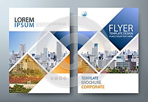 Blue annual report brochure flyer design template, Leaflet presentation, book cover, layout in A4 size. cityscape image. Vector. photo