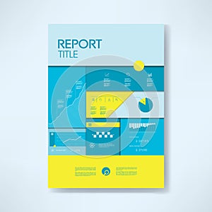 Annual report cover template with business icons and elements. Pie chart, graphs, infographics layout.