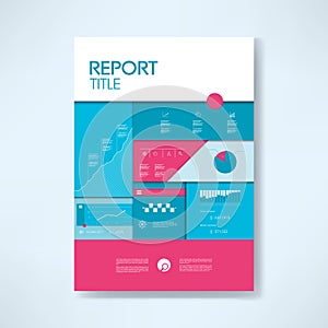 Annual report cover template with business icons and elements. Pie chart, graphs, infographics layout.