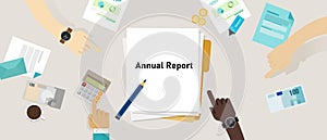 annual report reviewing performance company office analysis progress data disclosing information profit finance growth photo