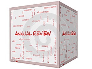 Annual Review Word Cloud Concept on a 3D cube Whiteboard