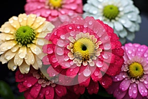 annual zinnias dotted with raindrops