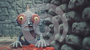 Annunaki With Gray Skin And Red Eyes In Front Of Cinder Block Wall