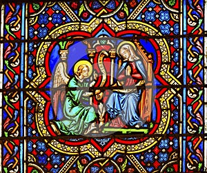 Annunciation Angel Mary Stained Glass Notre Dame Paris France photo