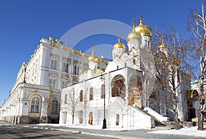 The Annunciation Cathedral of the Moscow Kremlin on a Sunny winter day,