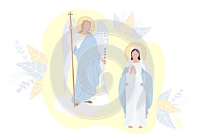 Annunciation of the Most Holy Theotokos. Virgin Mary, Mother of Christ in a blue maforia and Archangel Gabriel with a lily on a