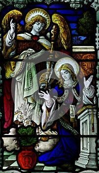 The Annunciation in stained glass: Mary and Gabriel