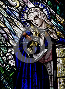 Annunciation in stained glass Mary, and the Holy Spirit