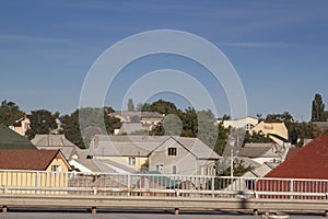 Anodized safety steel barrier on freeway bridge