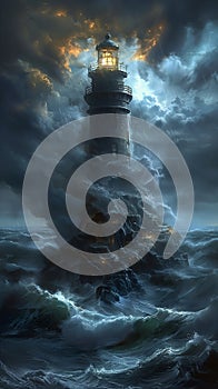 Anomalous Lighting: A Romantic Lighthouse on a Stormy Sea in the