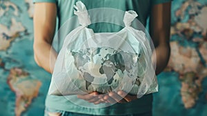 Anonymous Advocate: Holding World Map Plastic Bag for Environmental Protection