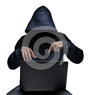 Anonymous computer hacker in hood and laptop isolated over white background. Dark face. Data thief, internet attack, darknet fraud