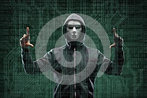 Anonymous computer hacker over abstract digital background. Obscured dark face in mask and hood. Data thief, internet