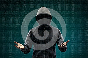 Anonymous computer hacker over abstract digital background. Obscured dark face in mask and hood. Data thief, internet