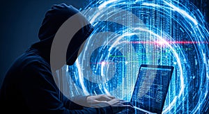 Anonymous Cyber Hacker Working on Laptop with Digital Code Background