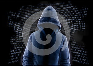 Anonymous hacker and binary code photo