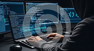 Anonymous Hacker Coding on Multiple Screens in a Dark Room