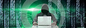 Anonymous hacker with computer code binary interface in city