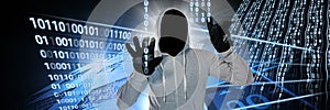 Anonymous hacker with computer code binary interface