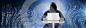 Anonymous hacker with computer code binary interface