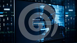 Anonymous hacker cracking password on digital interface