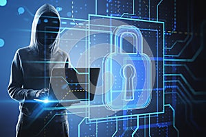 Anonymous hacker with a digital padlock graphic on a blue virtual interface.