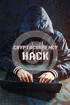 Anonymous hacker without a face is trying to steal cryptocurrency using a computer. Fraud and deception at Cryptojacking