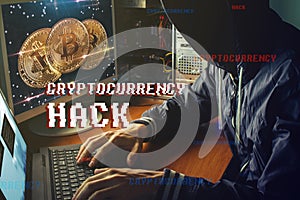 Anonymous hacker without a face is trying to steal cryptocurrency using a computer. Fraud and deception at Cryptojacking