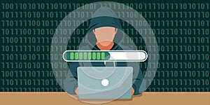 Anonymous hacker in a hoodie with a laptop and binary code progress bar hacking computer