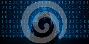 Anonymous Hacker in Hoodie Using Laptop with Binary Code Background image is generated using AI