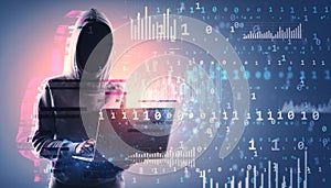 Anonymous hacker in hoodie using laptop with digital data overlay in cyberspace